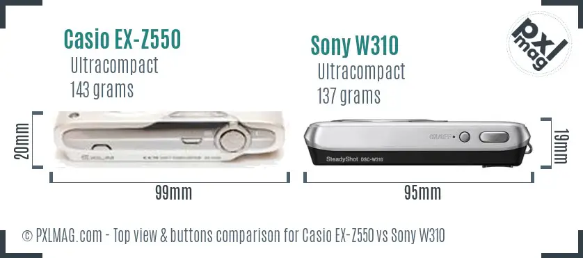 Casio EX-Z550 vs Sony W310 top view buttons comparison