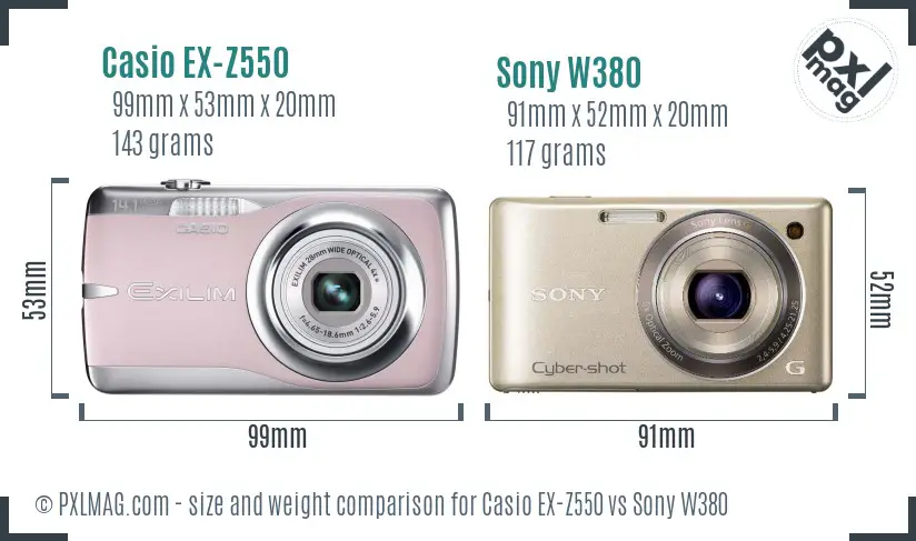 Casio EX-Z550 vs Sony W380 size comparison