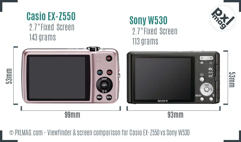 Casio EX-Z550 vs Sony W530 Screen and Viewfinder comparison