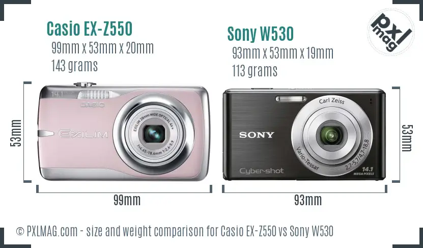 Casio EX-Z550 vs Sony W530 size comparison