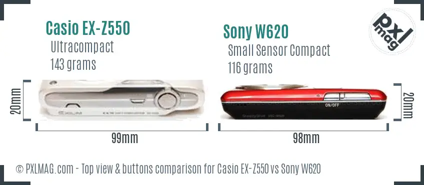 Casio EX-Z550 vs Sony W620 top view buttons comparison Casio EX-Z550 vs Sony W620 top view buttons comparison