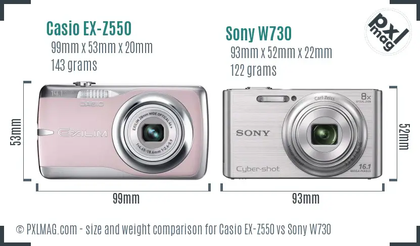 Casio EX-Z550 vs Sony W730 size comparison