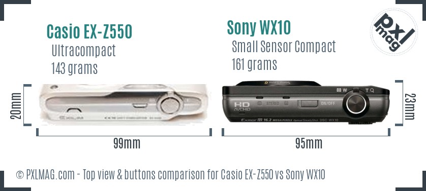 Casio EX-Z550 vs Sony WX10 top view buttons comparison