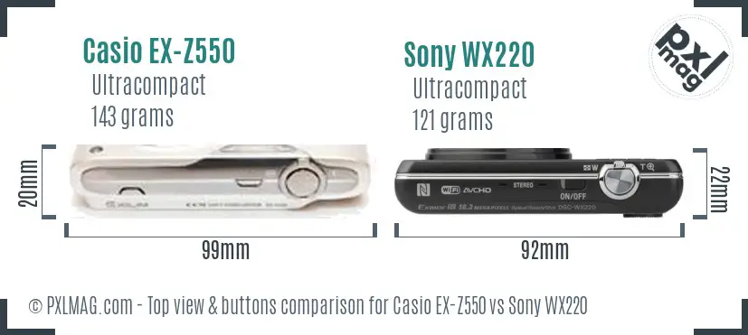 Casio EX-Z550 vs Sony WX220 top view buttons comparison