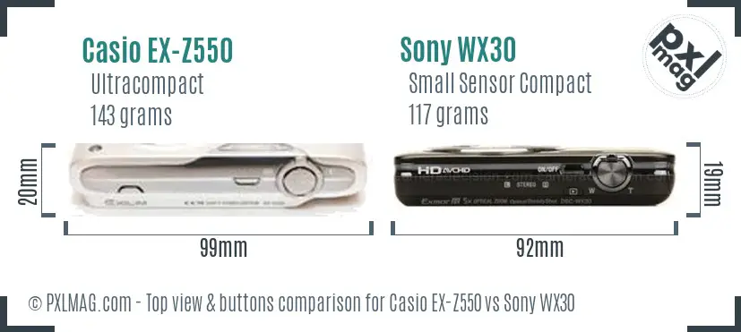 Casio EX-Z550 vs Sony WX30 top view buttons comparison Casio EX-Z550 vs Sony WX30 top view buttons comparison