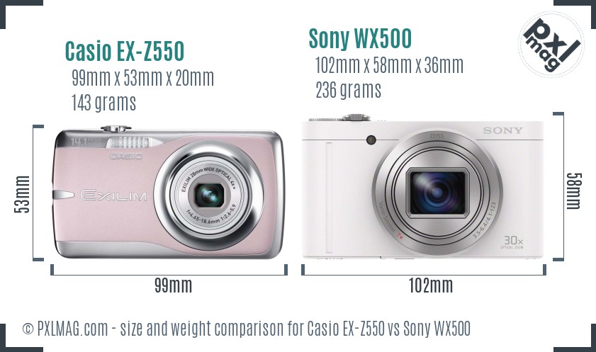 Casio EX-Z550 vs Sony WX500 size comparison