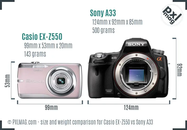 Casio EX-Z550 vs Sony A33 size comparison