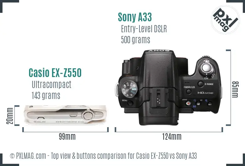 Casio EX-Z550 vs Sony A33 top view buttons comparison