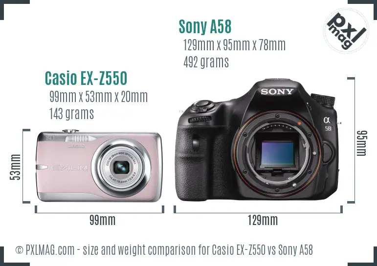 Casio EX-Z550 vs Sony A58 size comparison