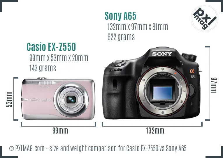 Casio EX-Z550 vs Sony A65 size comparison