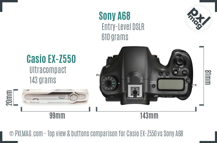 Casio EX-Z550 vs Sony A68 top view buttons comparison Casio EX-Z550 vs Sony A68 top view buttons comparison