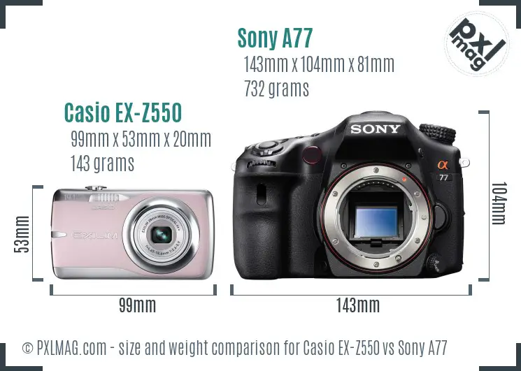 Casio EX-Z550 vs Sony A77 size comparison