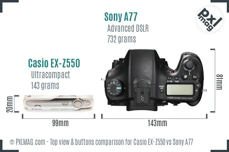 Casio EX-Z550 vs Sony A77 top view buttons comparison