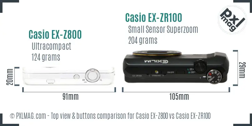 Casio EX-Z800 vs Casio EX-ZR100 top view buttons comparison