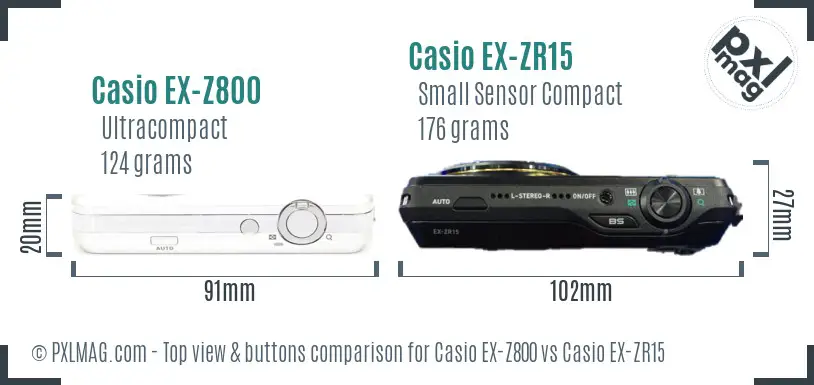 Casio EX-Z800 vs Casio EX-ZR15 top view buttons comparison Casio EX-Z800 vs Casio EX-ZR15 top view buttons comparison