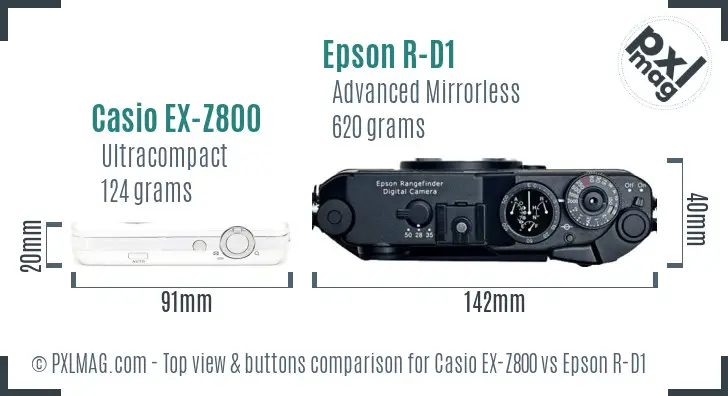Casio EX-Z800 vs Epson R-D1 top view buttons comparison Casio EX-Z800 vs Epson R-D1 top view buttons comparison