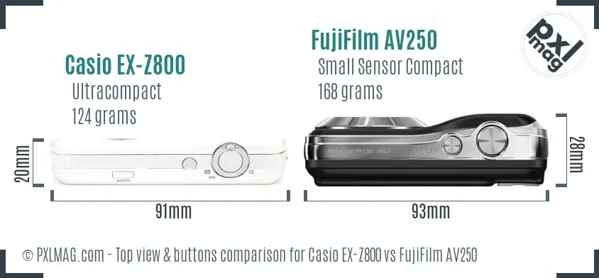 Casio EX-Z800 vs FujiFilm AV250 top view buttons comparison Casio EX-Z800 vs FujiFilm AV250 top view buttons comparison