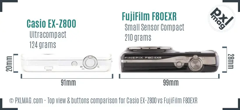 Casio EX-Z800 vs FujiFilm F80EXR top view buttons comparison Casio EX-Z800 vs FujiFilm F80EXR top view buttons comparison