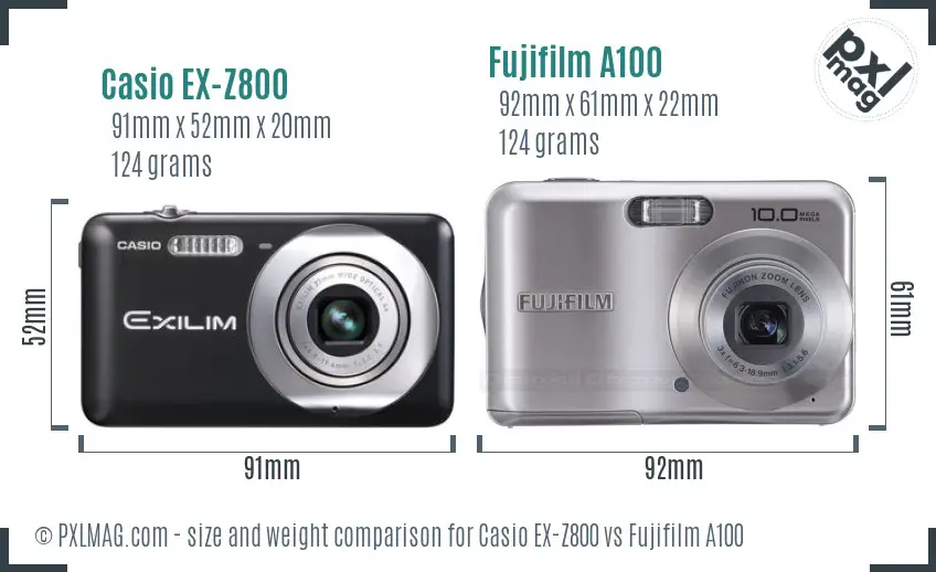 Casio EX-Z800 vs Fujifilm A100 size comparison