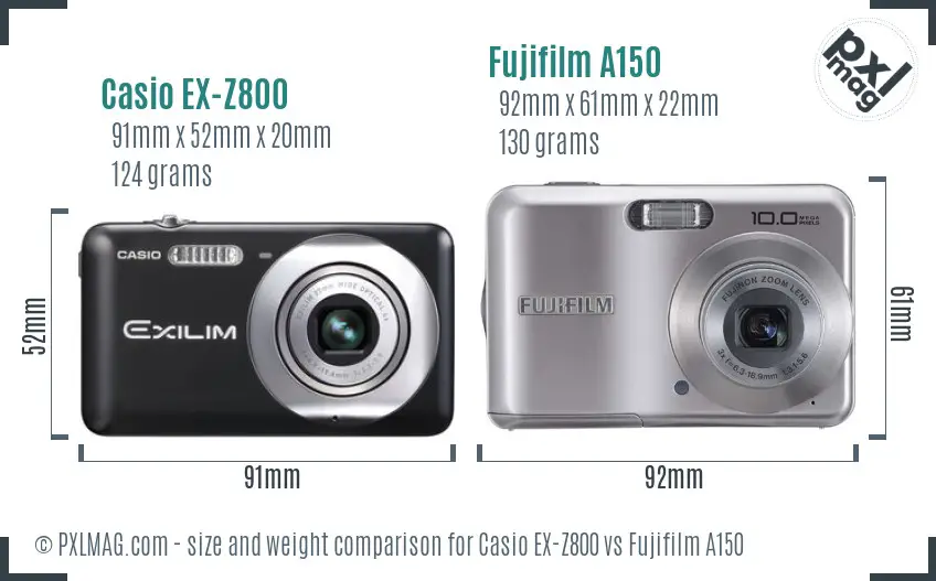 Casio EX-Z800 vs Fujifilm A150 size comparison Casio EX-Z800 vs Fujifilm A150 size comparison