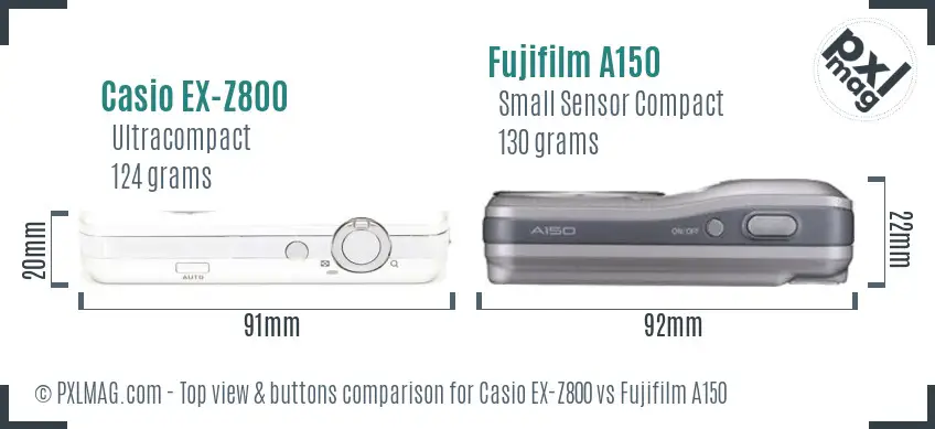 Casio EX-Z800 vs Fujifilm A150 top view buttons comparison Casio EX-Z800 vs Fujifilm A150 top view buttons comparison
