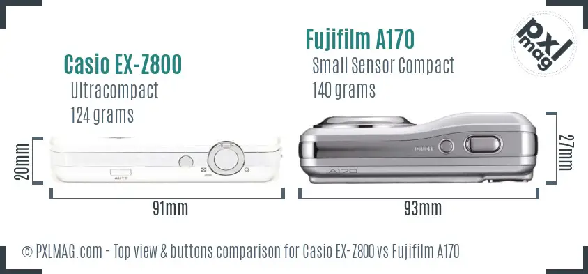 Casio EX-Z800 vs Fujifilm A170 top view buttons comparison