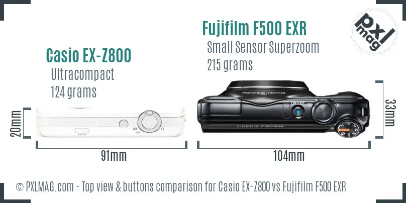 Casio EX-Z800 vs Fujifilm F500 EXR top view buttons comparison Casio EX-Z800 vs Fujifilm F500 EXR top view buttons comparison