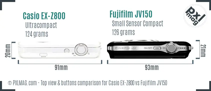 Casio EX-Z800 vs Fujifilm JV150 top view buttons comparison