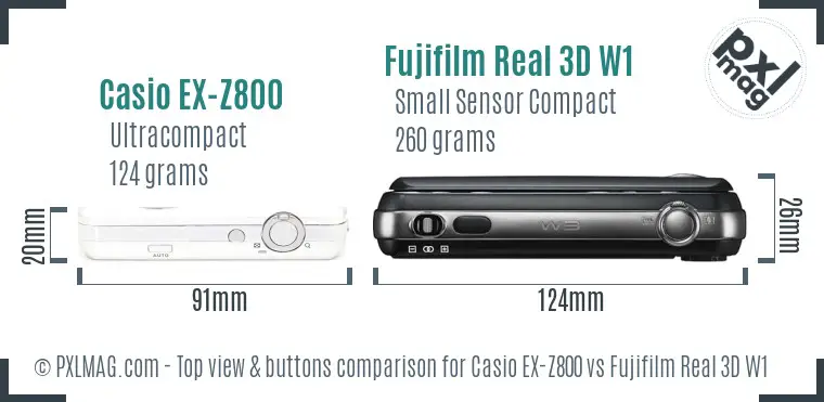 Casio EX-Z800 vs Fujifilm Real 3D W1 top view buttons comparison Casio EX-Z800 vs Fujifilm Real 3D W1 top view buttons comparison