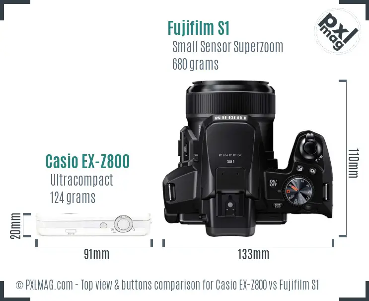 Casio EX-Z800 vs Fujifilm S1 top view buttons comparison Casio EX-Z800 vs Fujifilm S1 top view buttons comparison
