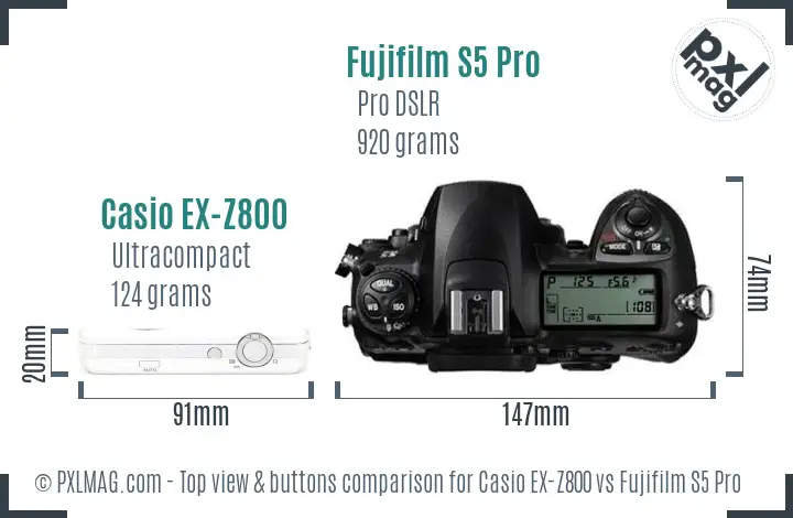 Casio EX-Z800 vs Fujifilm S5 Pro top view buttons comparison