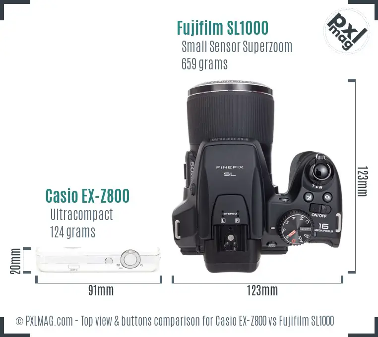 Casio EX-Z800 vs Fujifilm SL1000 top view buttons comparison Casio EX-Z800 vs Fujifilm SL1000 top view buttons comparison