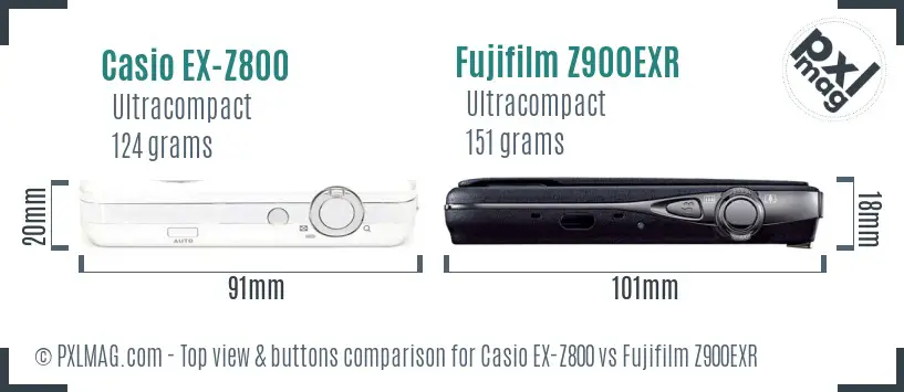 Casio EX-Z800 vs Fujifilm Z900EXR top view buttons comparison Casio EX-Z800 vs Fujifilm Z900EXR top view buttons comparison
