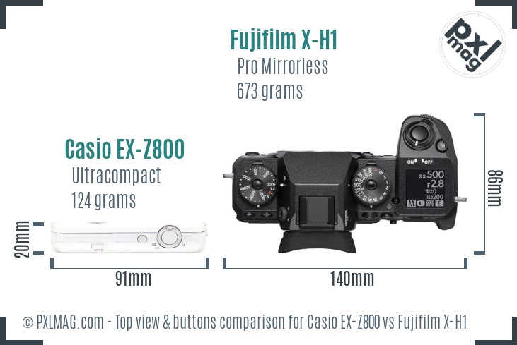 Casio EX-Z800 vs Fujifilm X-H1 top view buttons comparison