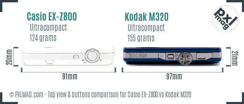 Casio EX-Z800 vs Kodak M320 top view buttons comparison Casio EX-Z800 vs Kodak M320 top view buttons comparison
