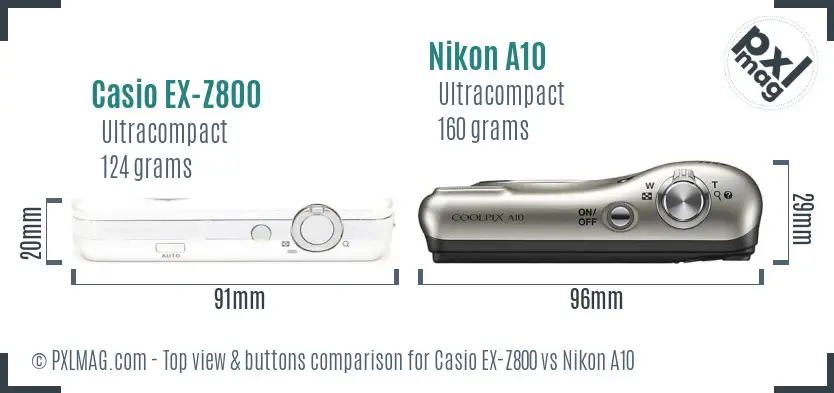 Casio EX-Z800 vs Nikon A10 top view buttons comparison Casio EX-Z800 vs Nikon A10 top view buttons comparison