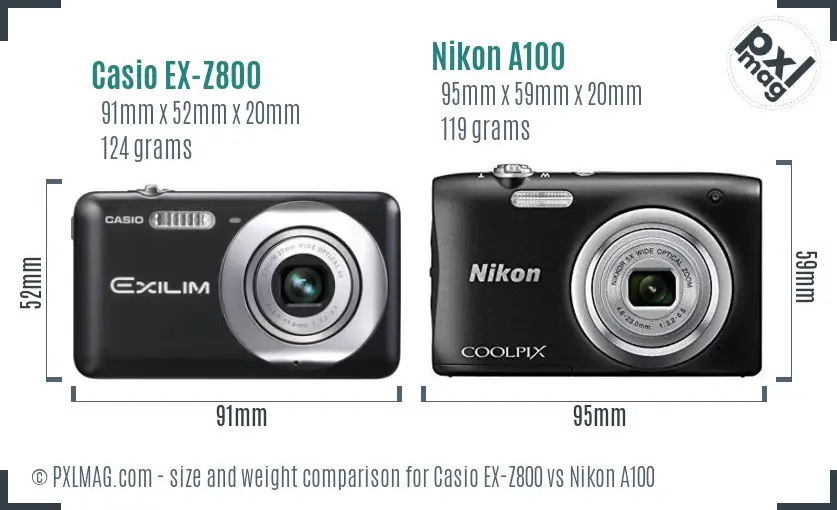 Casio EX-Z800 vs Nikon A100 size comparison
