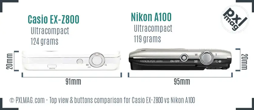 Casio EX-Z800 vs Nikon A100 top view buttons comparison