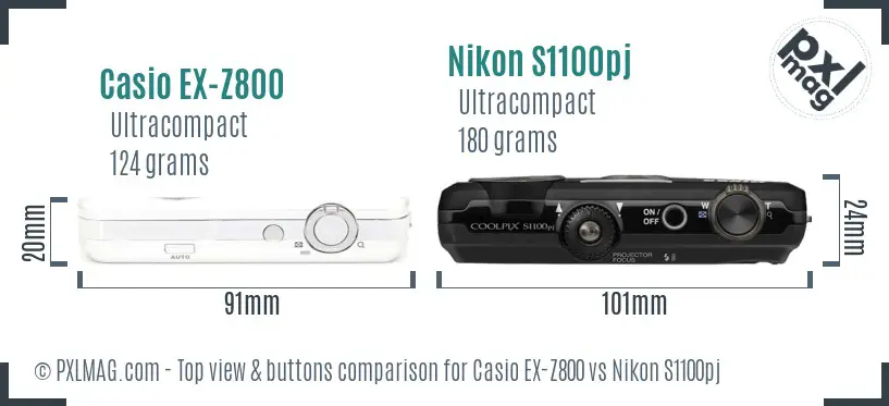 Casio EX-Z800 vs Nikon S1100pj top view buttons comparison