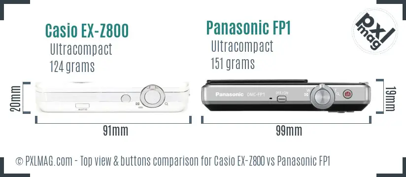 Casio EX-Z800 vs Panasonic FP1 top view buttons comparison Casio EX-Z800 vs Panasonic FP1 top view buttons comparison