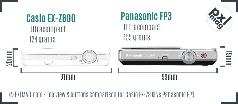 Casio EX-Z800 vs Panasonic FP3 top view buttons comparison Casio EX-Z800 vs Panasonic FP3 top view buttons comparison
