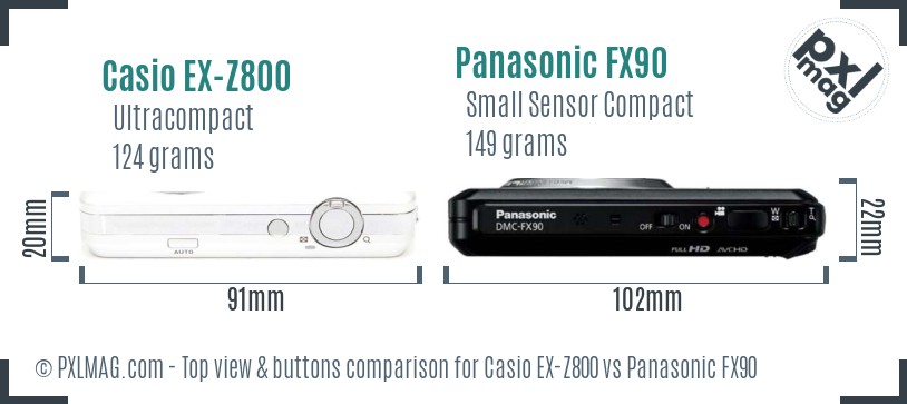 Casio EX-Z800 vs Panasonic FX90 top view buttons comparison