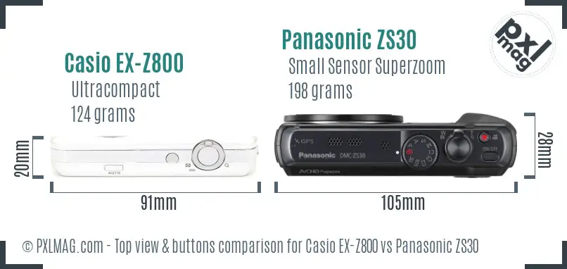 Casio EX-Z800 vs Panasonic ZS30 top view buttons comparison