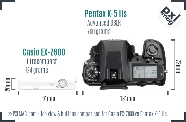 Casio EX-Z800 vs Pentax K-5 IIs top view buttons comparison