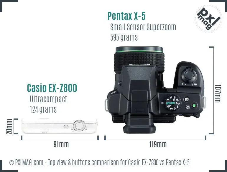 Casio EX-Z800 vs Pentax X-5 top view buttons comparison Casio EX-Z800 vs Pentax X-5 top view buttons comparison