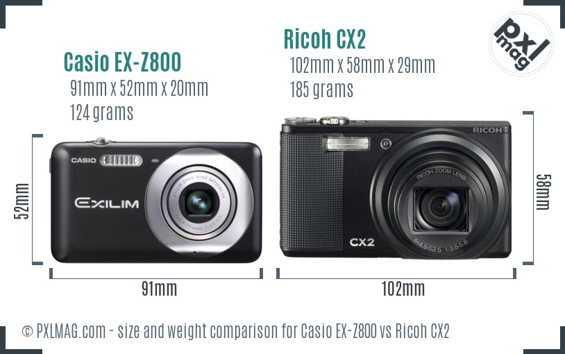 Casio EX-Z800 vs Ricoh CX2 size comparison