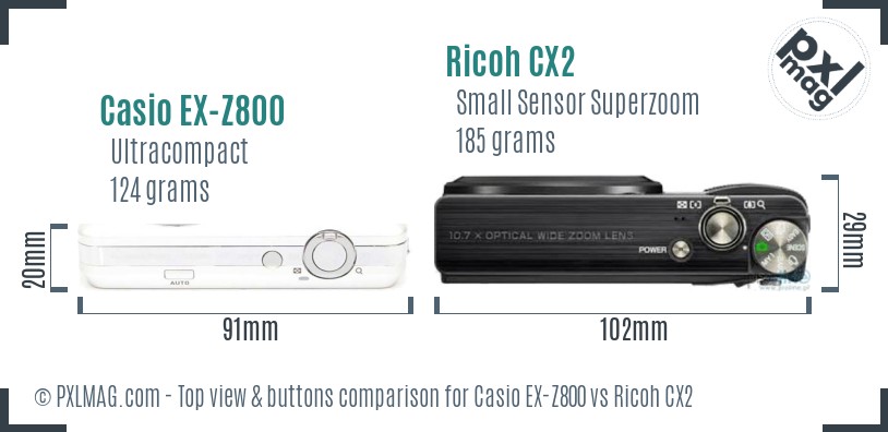 Casio EX-Z800 vs Ricoh CX2 top view buttons comparison