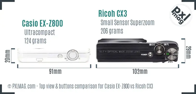 Casio EX-Z800 vs Ricoh CX3 top view buttons comparison Casio EX-Z800 vs Ricoh CX3 top view buttons comparison