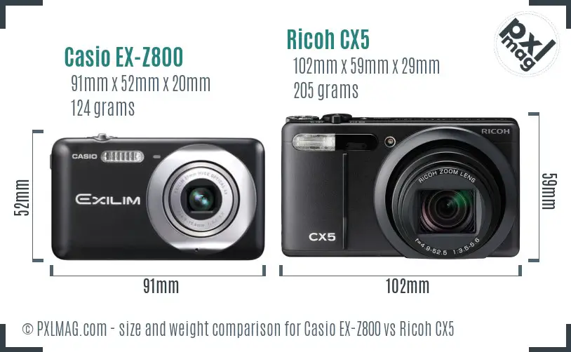 Casio EX-Z800 vs Ricoh CX5 size comparison