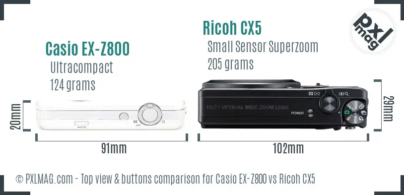 Casio EX-Z800 vs Ricoh CX5 top view buttons comparison